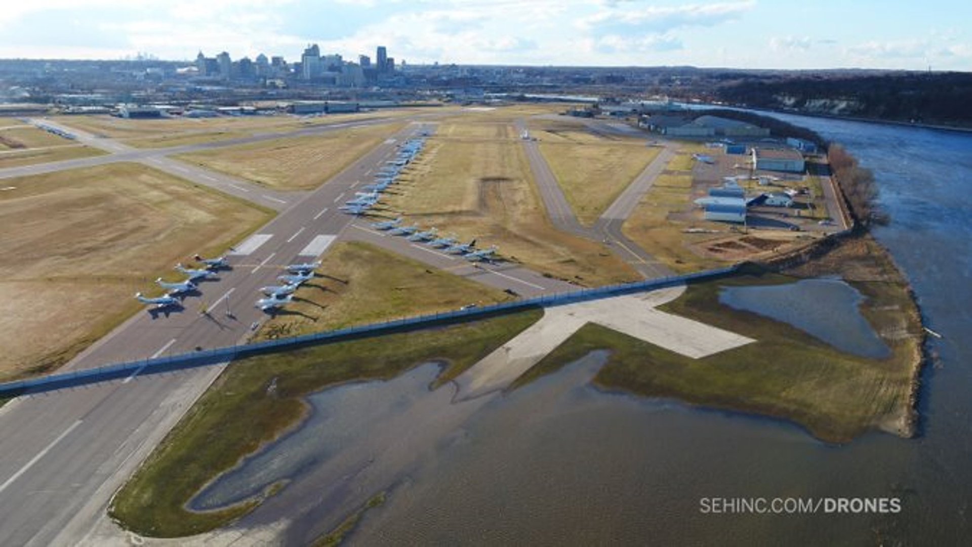 Drone photo of a flooded runway